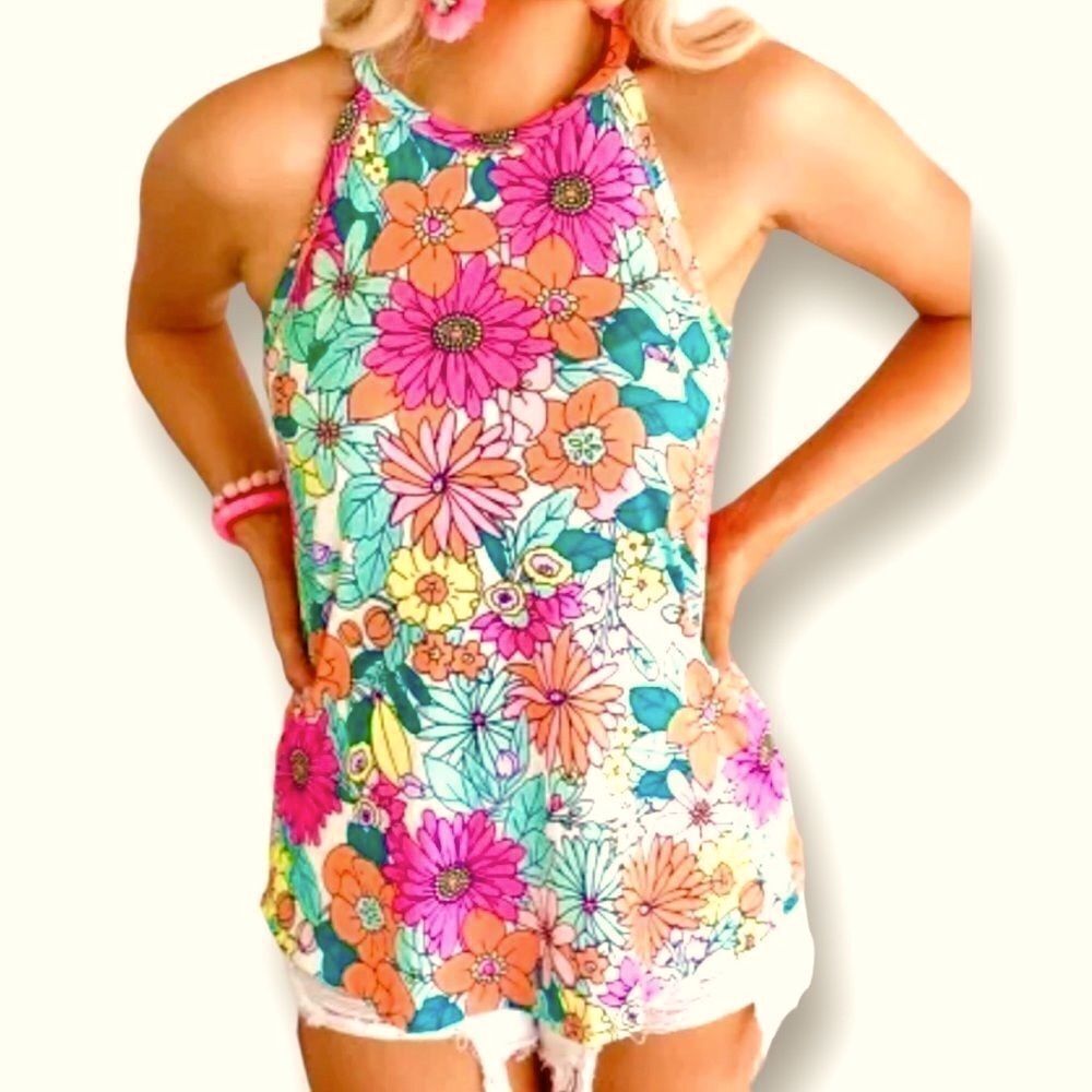 🔴2 for 40🔴 Boutique top floral print tank with thin straps white blue pink S.